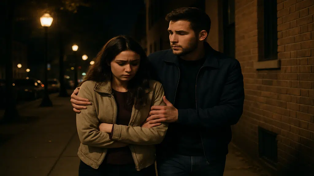 A man being protective of his girlfriend