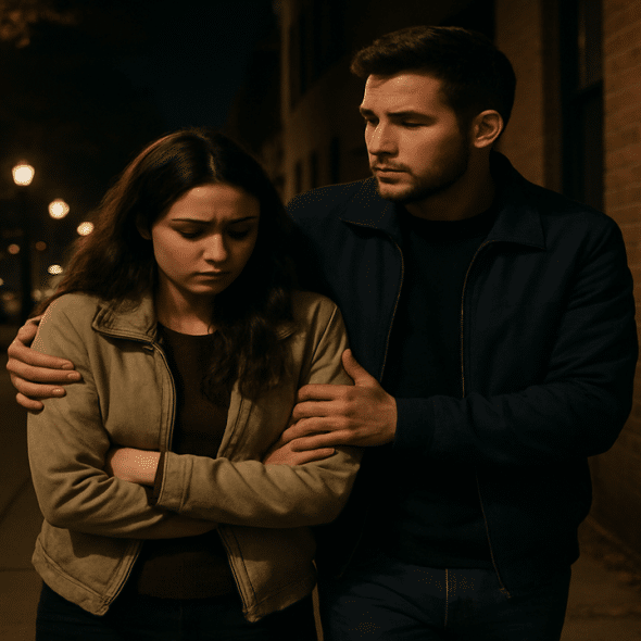 A man being protective of his girlfriend