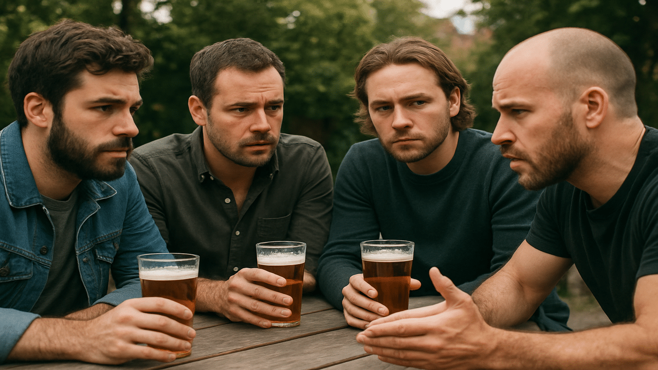 A group of male friends having a serious talk