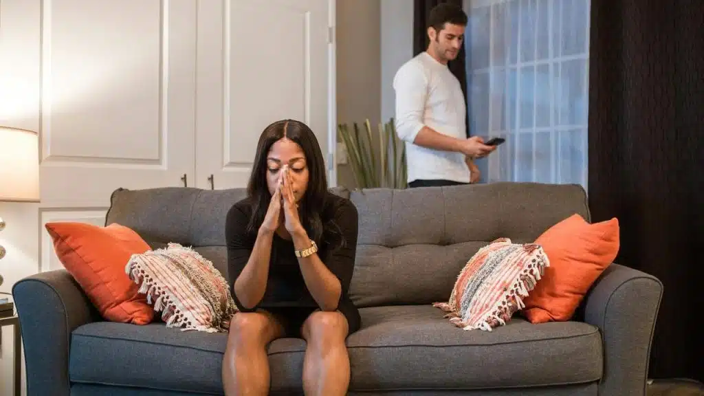 A woman sits on a couch, looking distressed