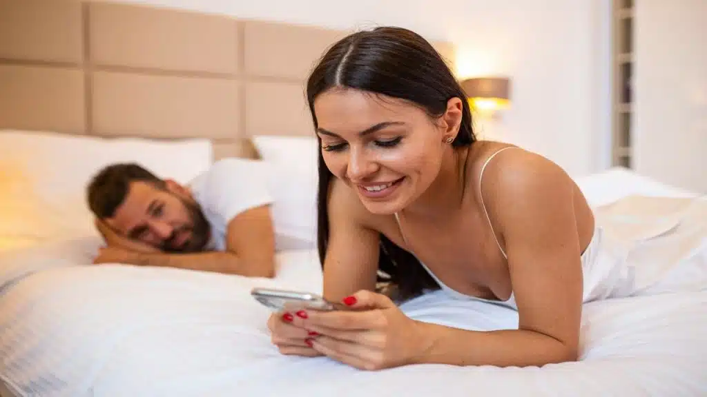 A man looking at his girl texting