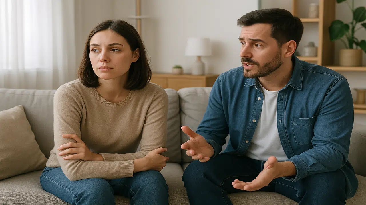A wife looking distracted while her husband is talking