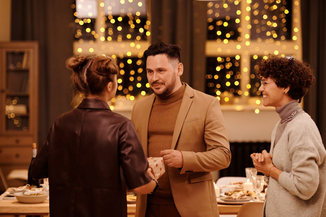Group of friends socializing over dinner