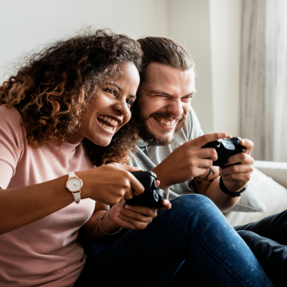 A couple playing a video game together