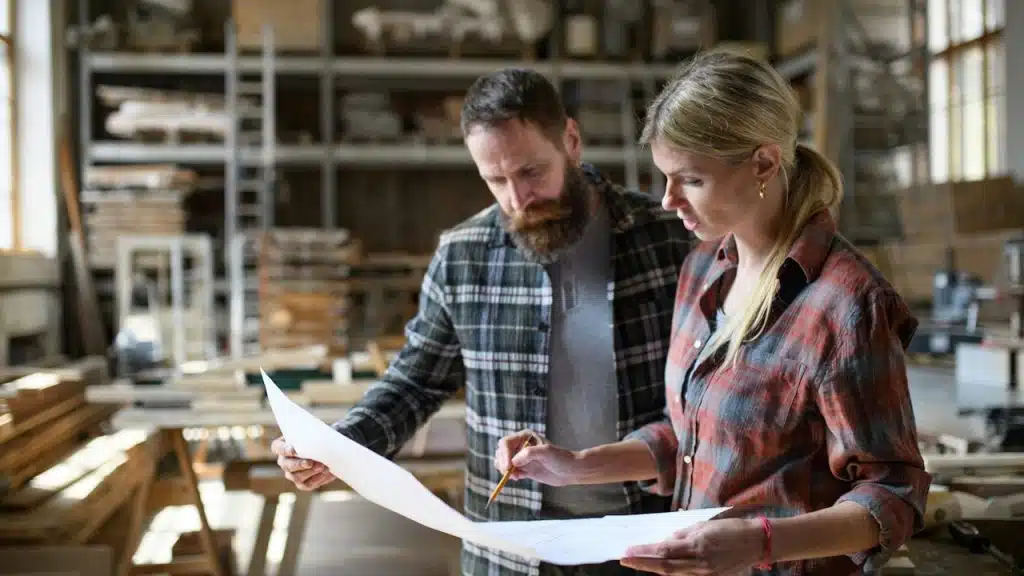 Two carpenters or craftspeople, a man with a beard and a blonde woman, are standing in a workshop, examining a blueprint.