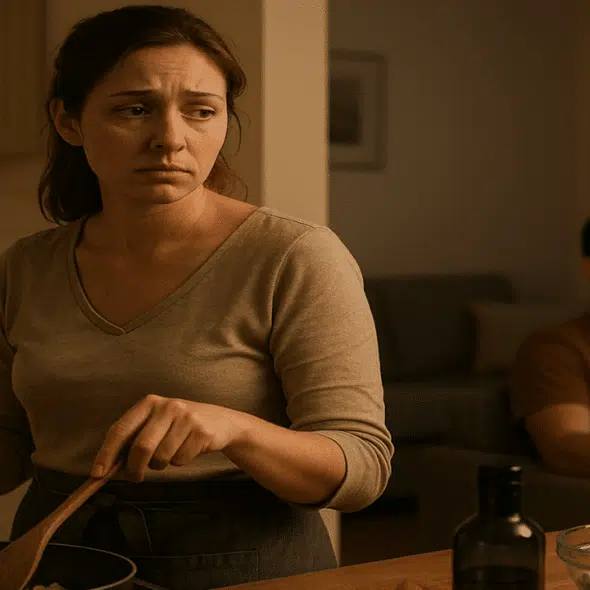 A sad woman looking at her husband