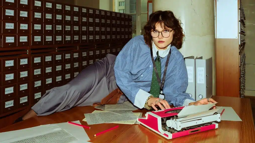 Woman with typewriter surrounded by papers and card catalog.