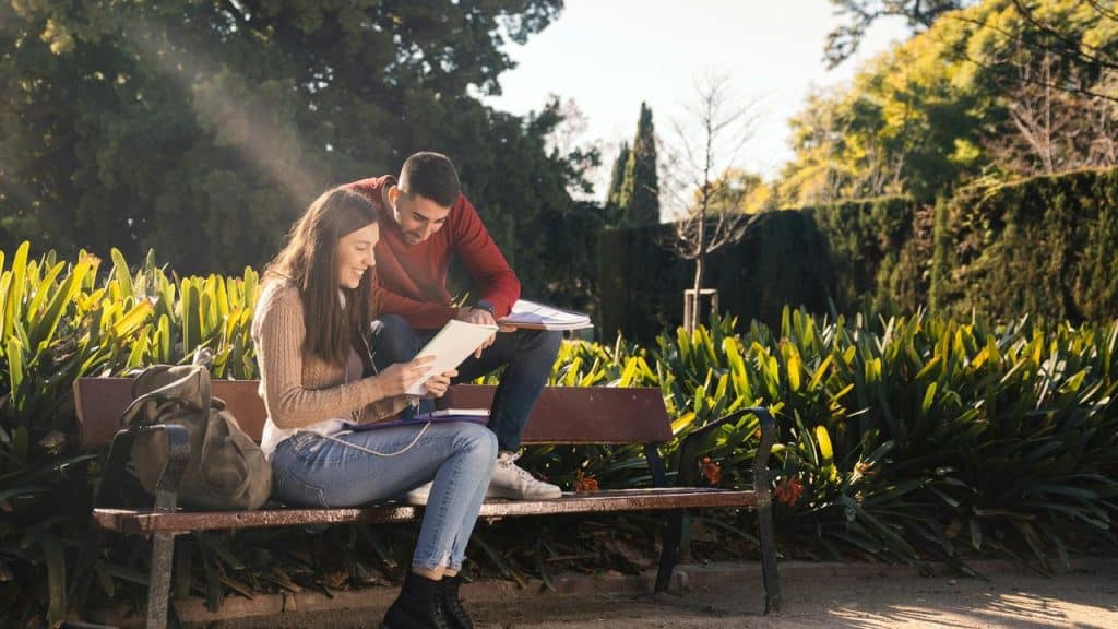 A couple studying together on a park bench.