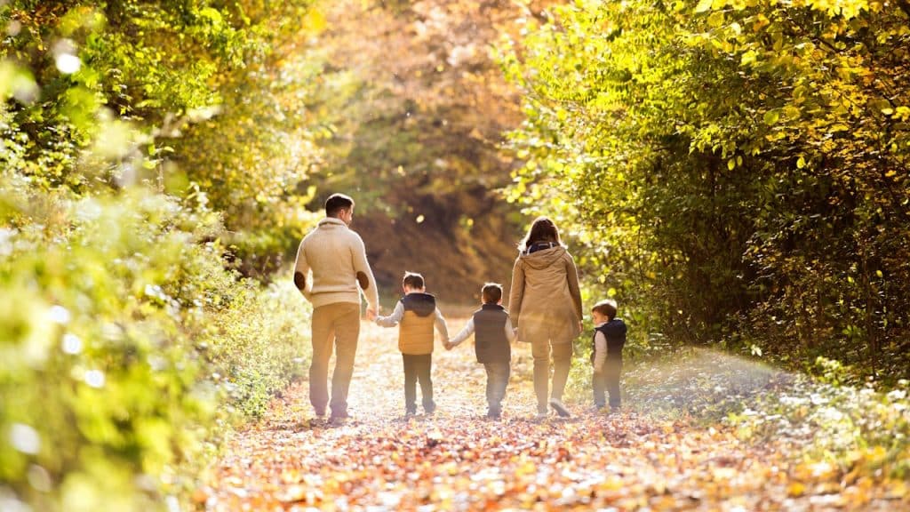 A family walking through some woods on a trail filled with fallen leaves.