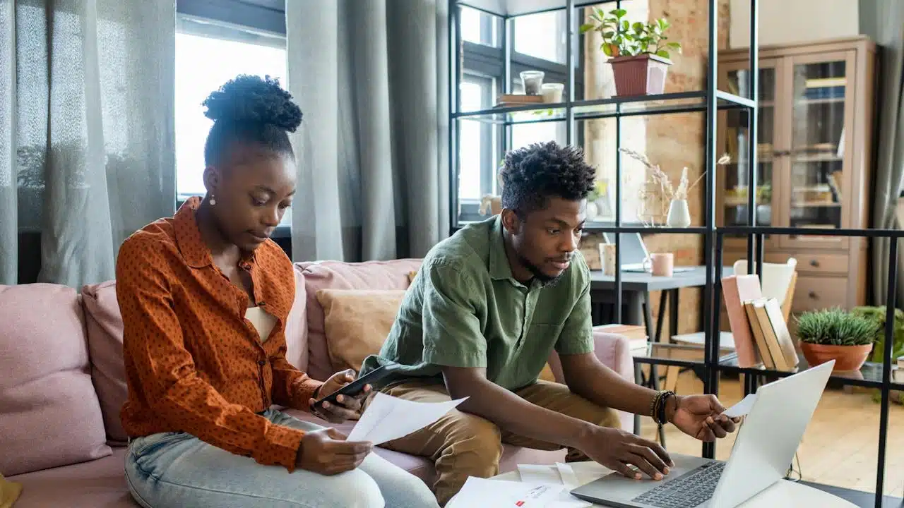 A couple managing home finances together.
