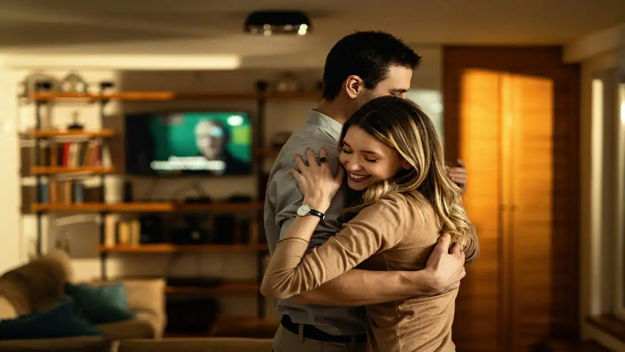 A couple hugging in the living room