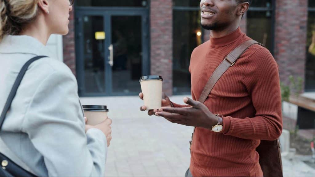A man and woman talking