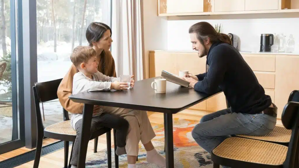 A man, woman, and child sit at a kitchen table while the man reads a book.