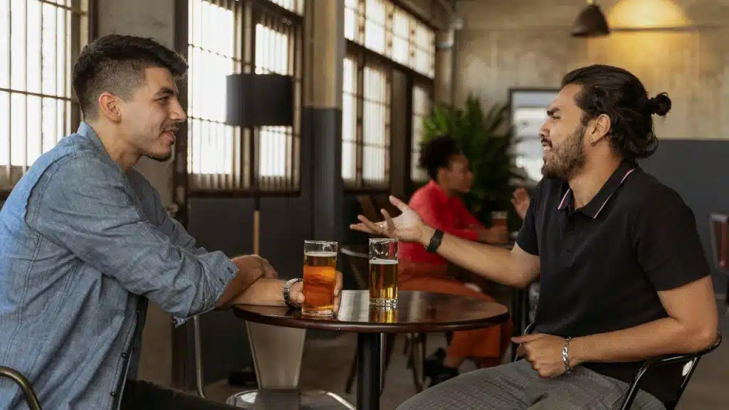 Two men sit at a small table with drinks, one gesturing while speaking.