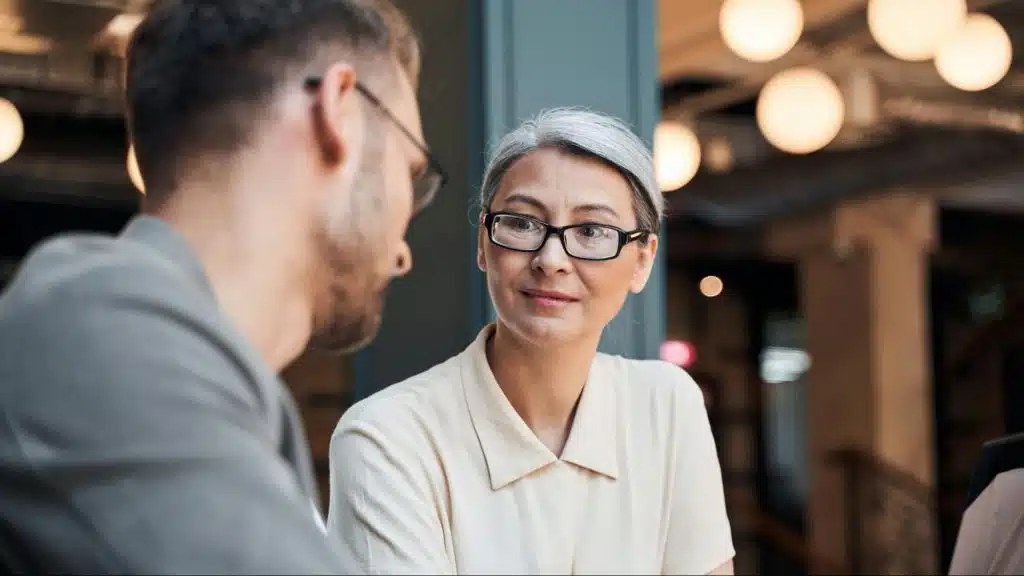A man and woman talking