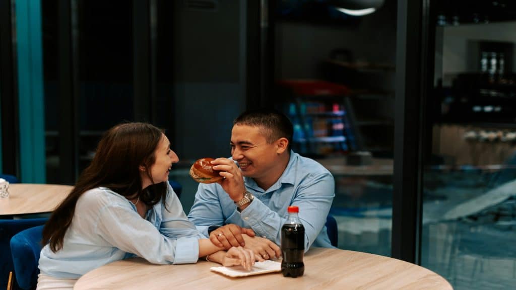 couple talking at table