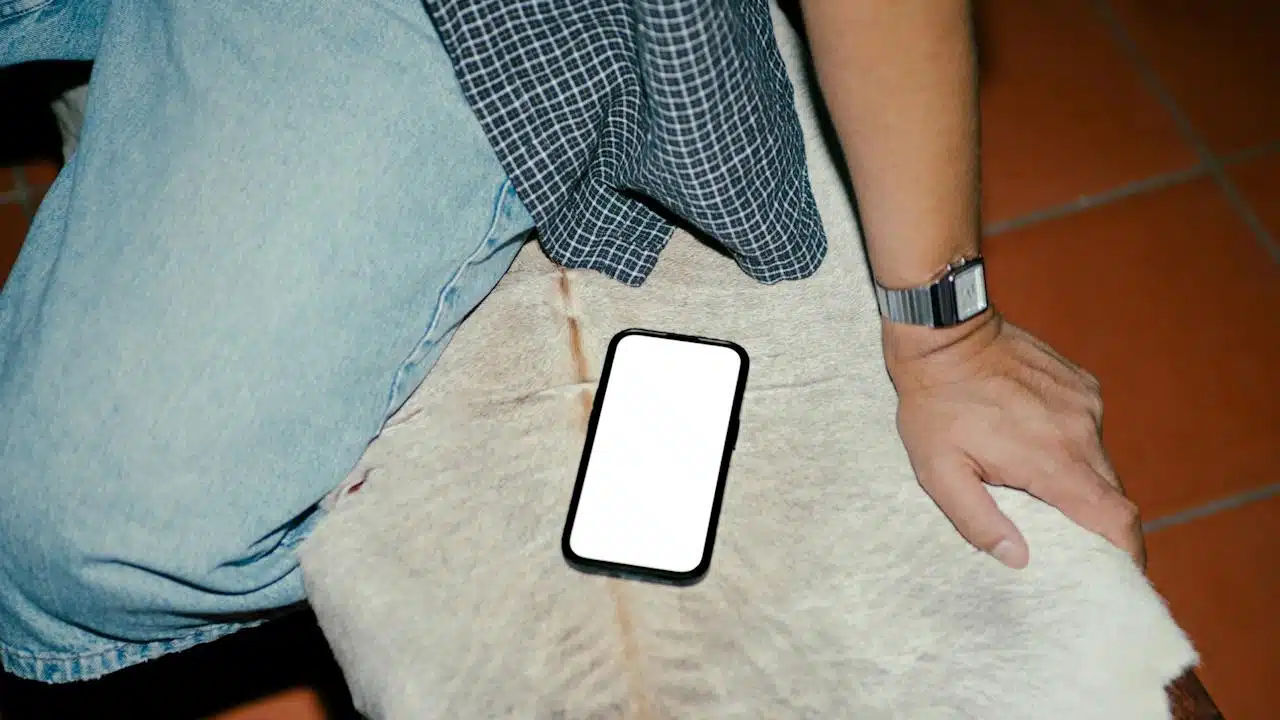 A man with a wristwatch sits with his phone placed next to him.