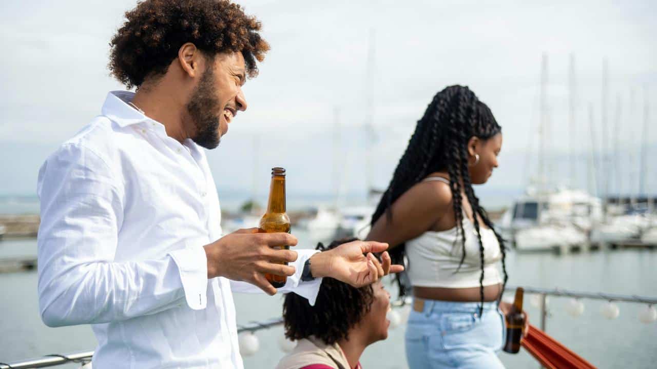 A group of friends laughing and talking