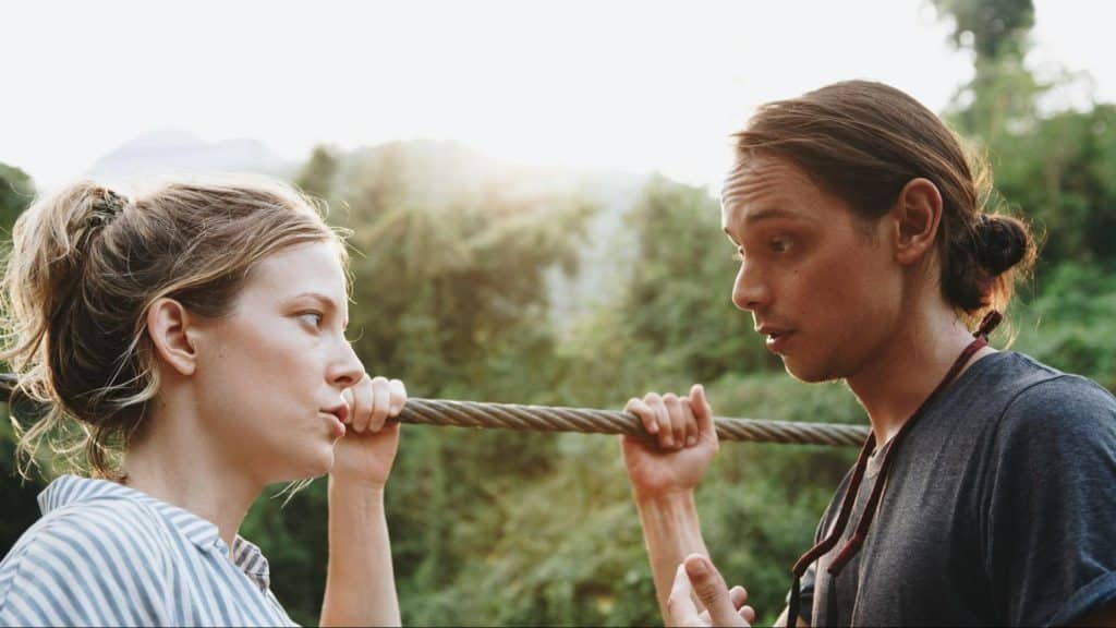 A man and woman talking