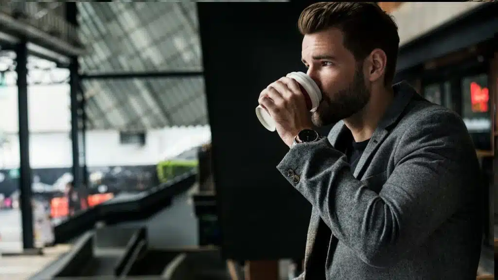 Side view of a man drinking hot coffee.