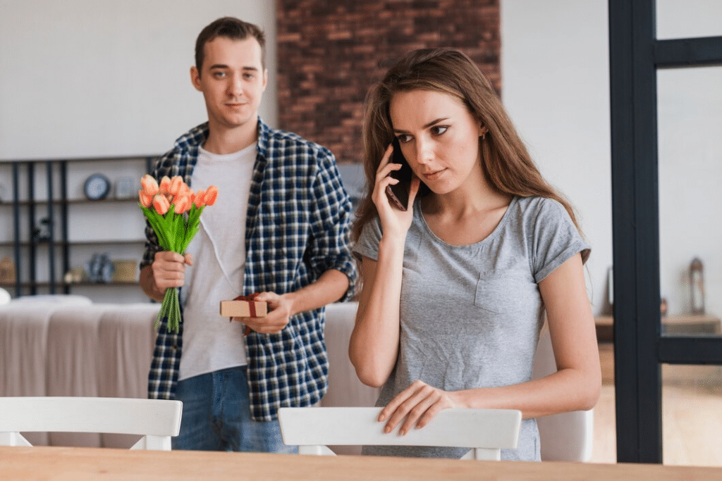 Man prepares presents while woman is on phone