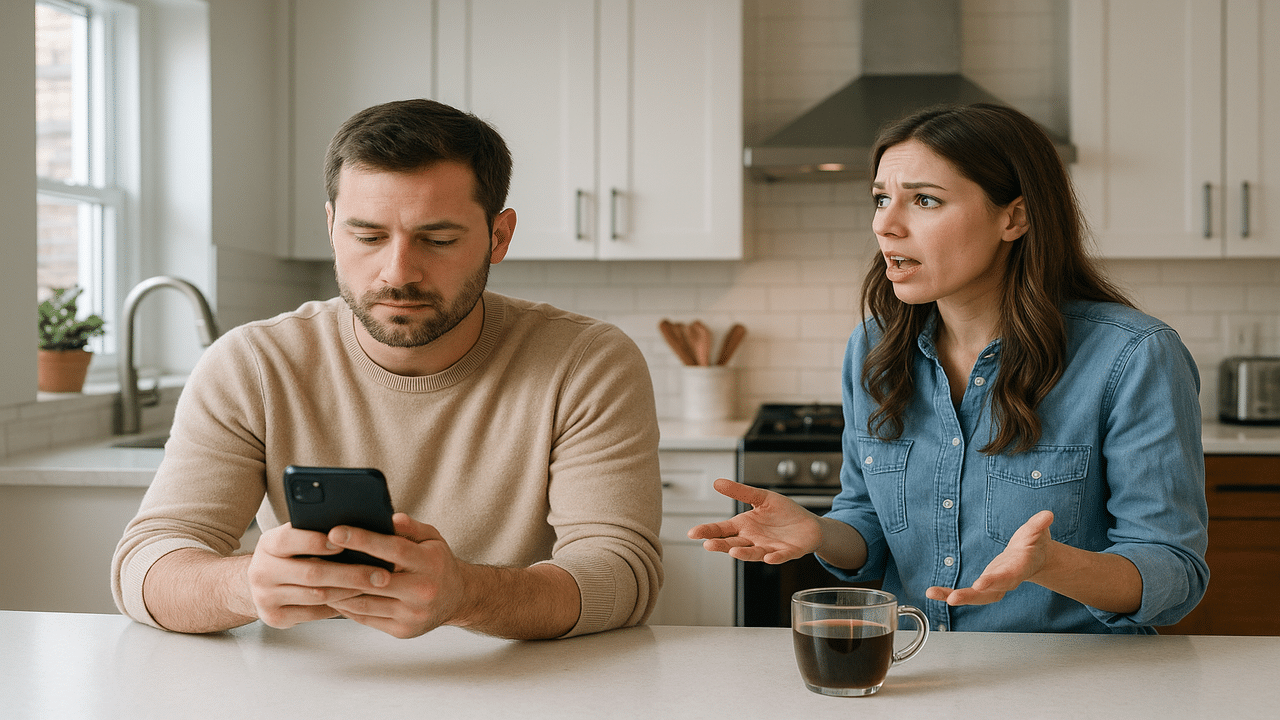 A man using his phone while his wife tries to talk to him