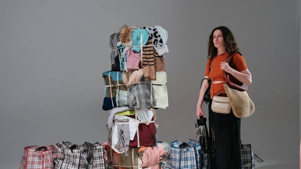 A woman standing next to a pile of luggage.
