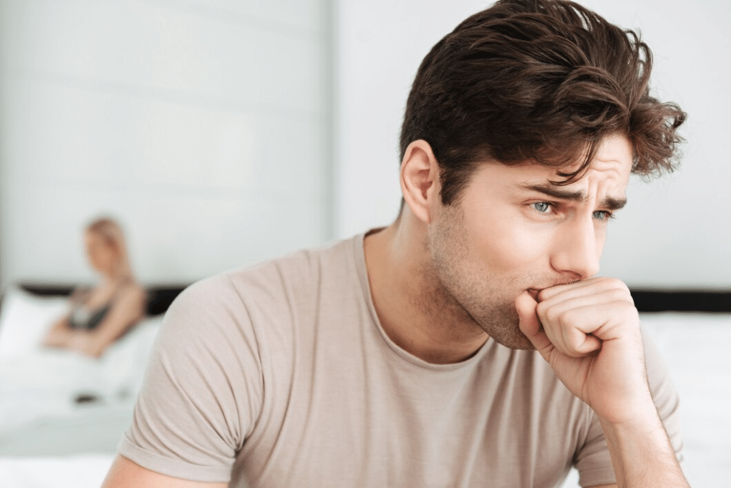 Sad man sitting in bed at home