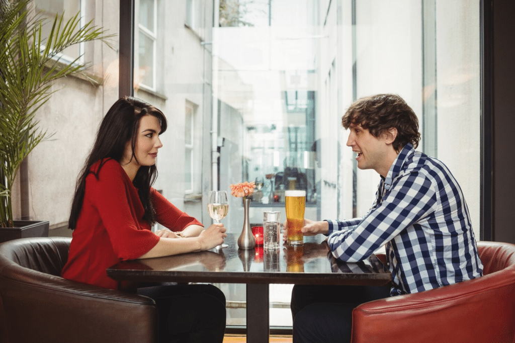 A man and woman talking