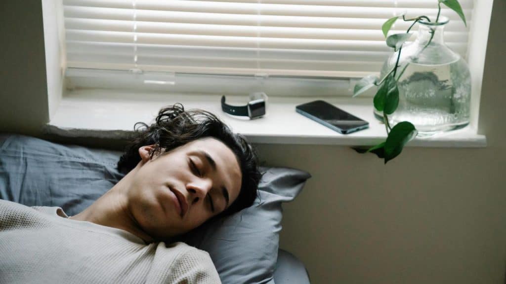 A man sleeping on a bed near a windowsill with a phone and plant nearby.