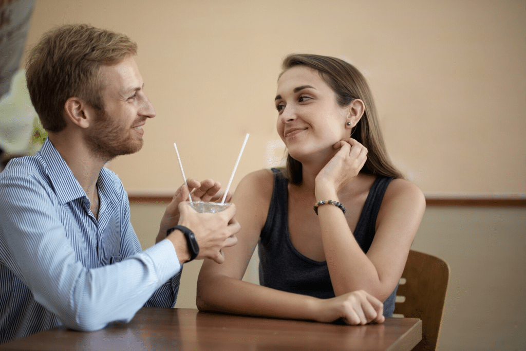A man and woman talking