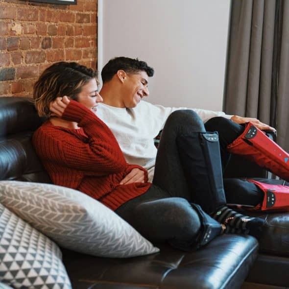 couple sitting together talking comfortably