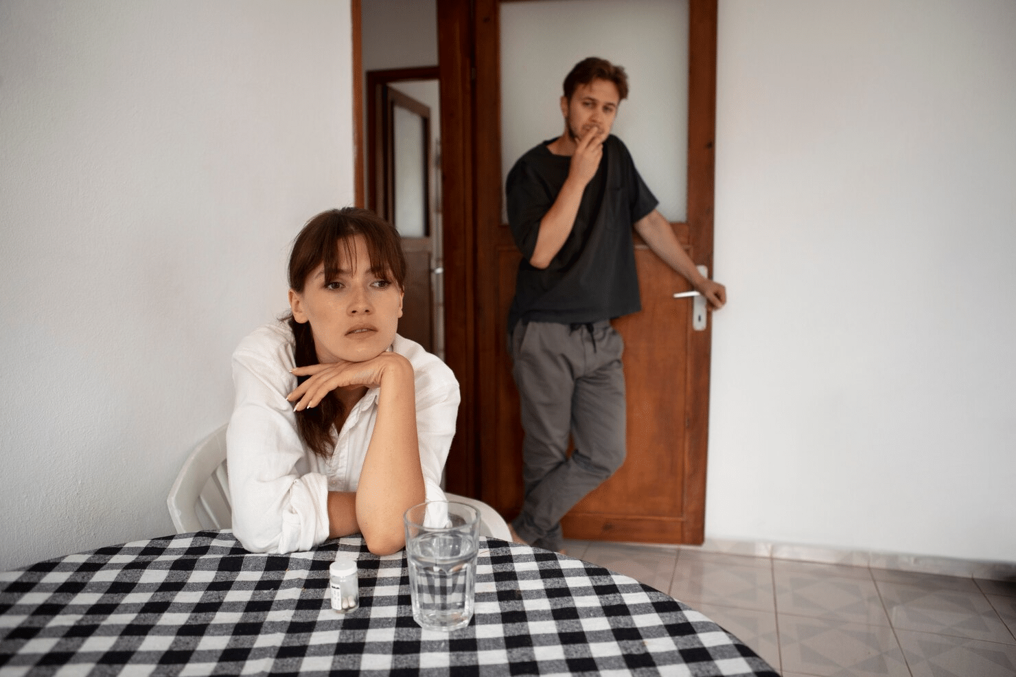 A woman letting a man to be mad at her