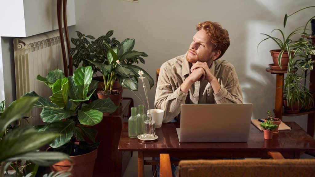 A man sitting at a desk with a laptop, surrounded by houseplants, looking thoughtful.