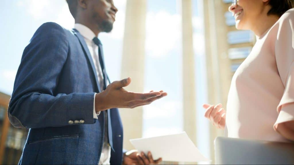 A man and woman talking