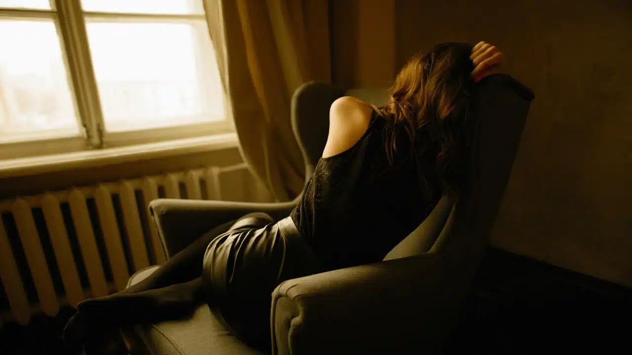 A woman looking depressed at home