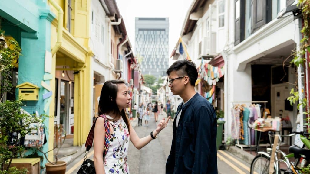 A man and woman talking