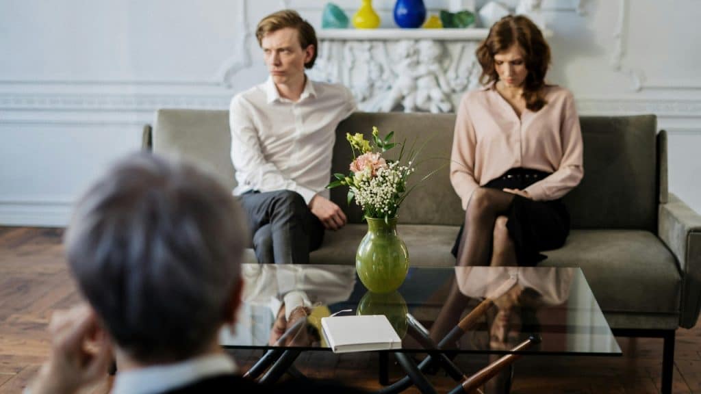 A professional sits facing a couple sitting together on a couch in a room.