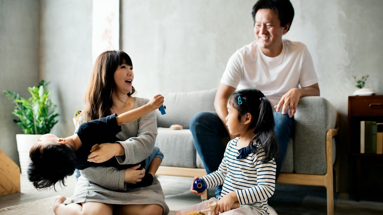A happy family spending time at home together.