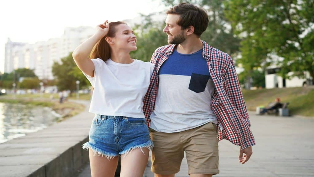 couple walking together during conversation
