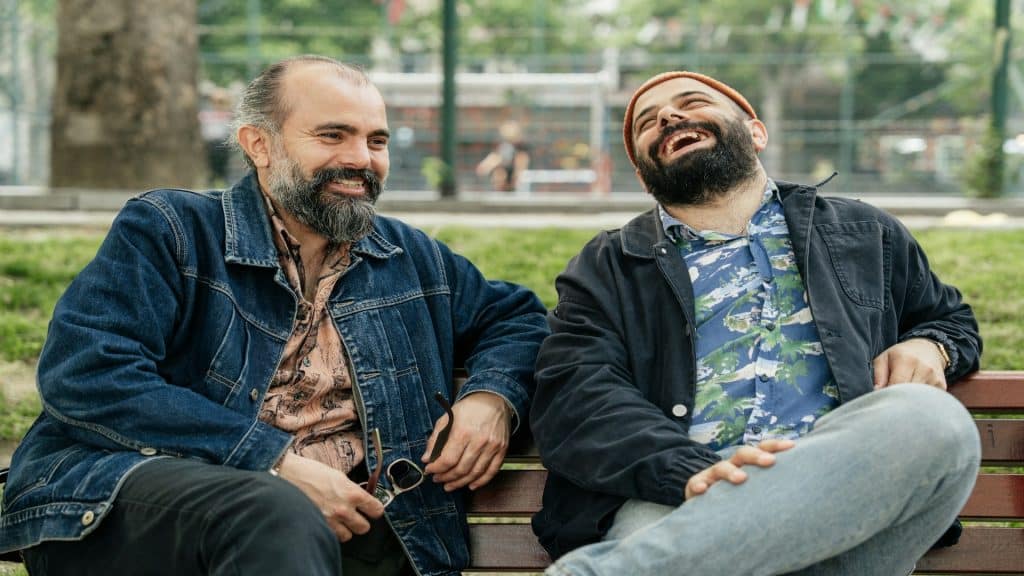 man meeting friends outside