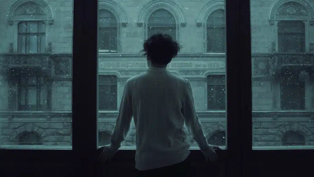 A man gazing out of a window. 