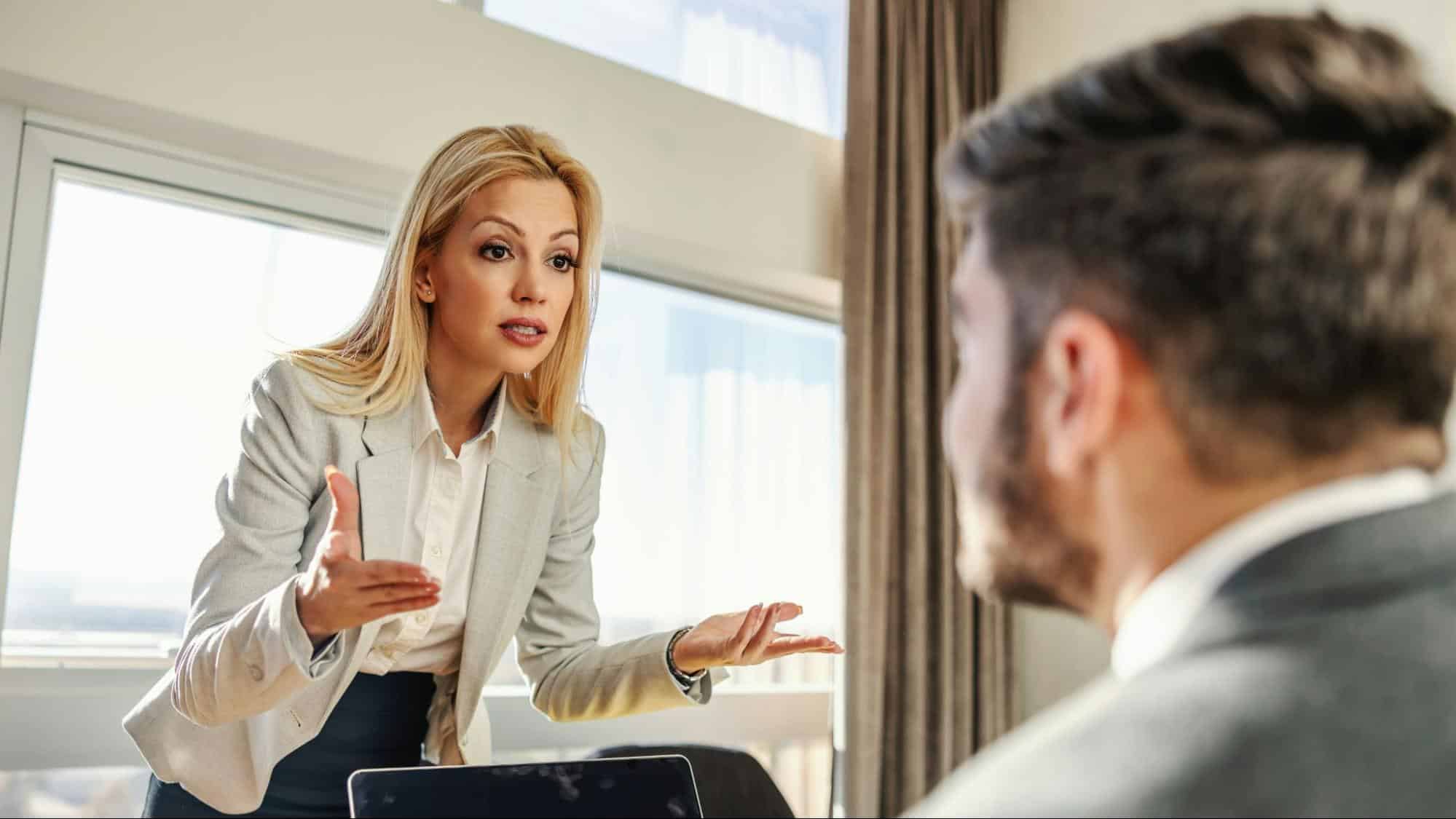 A man and woman talking