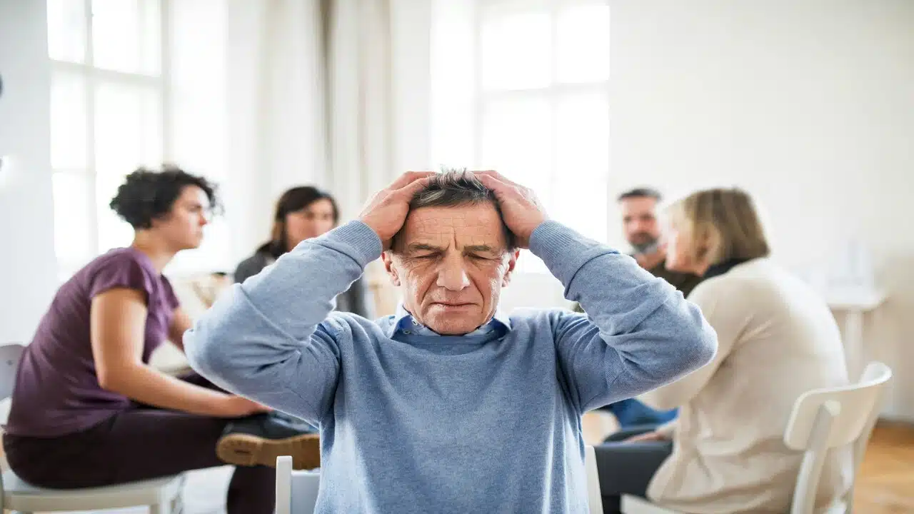 An older man looking frustrated at his family