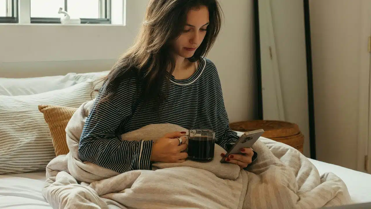 A woman in a striped shirt sitting in bed