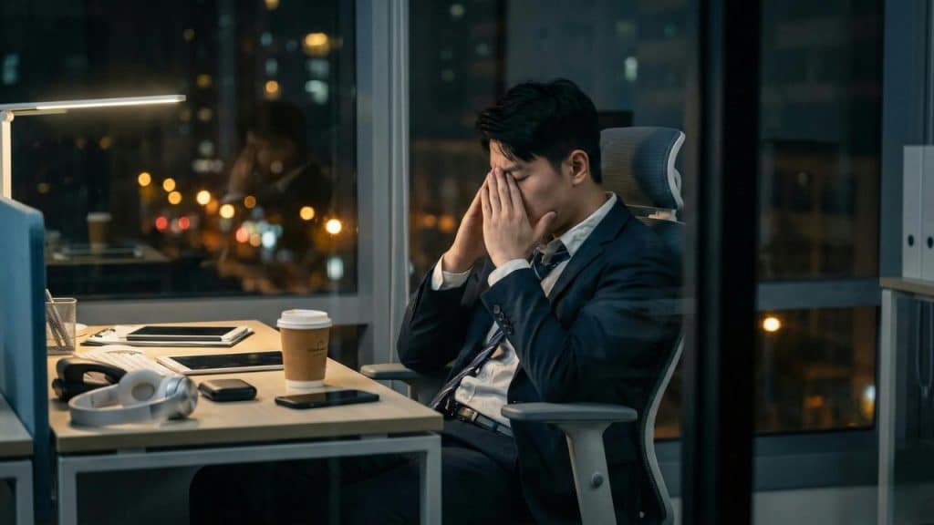 A man in a suit sits at a desk at night, covering his tired eyes.