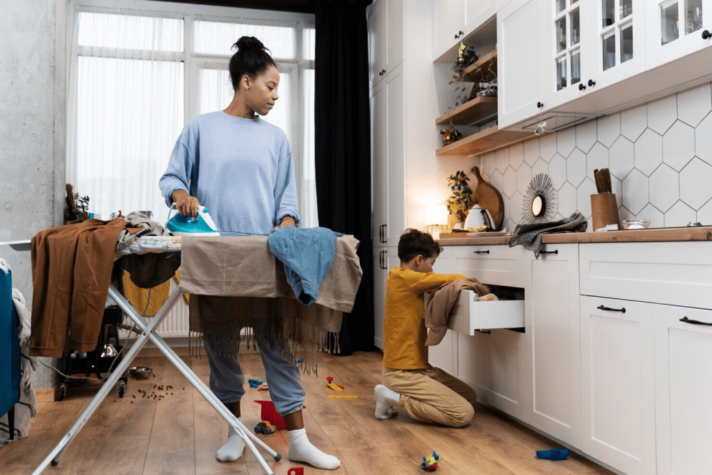 A woman managing house chores