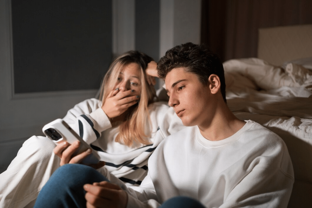 Man upset beside woman reading text messages