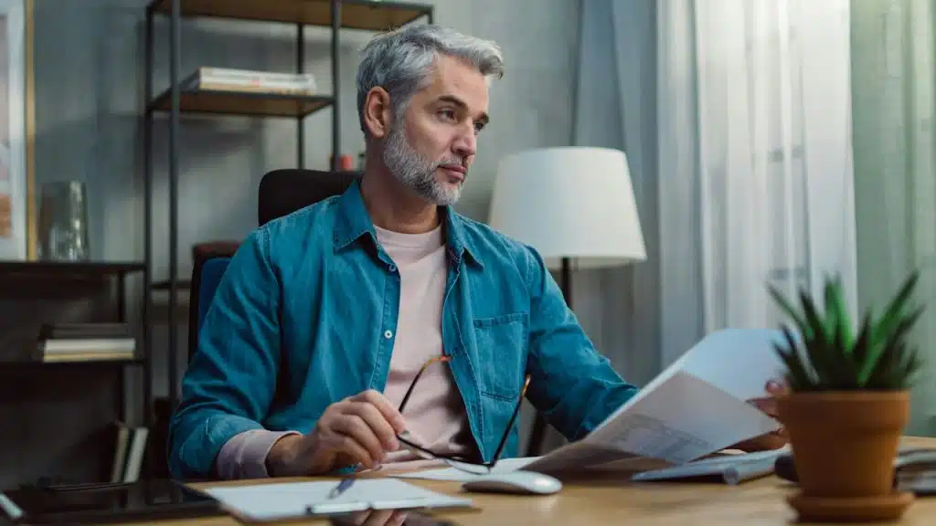 A middle-aged bearded man tending to financial documents and looking perturbed.