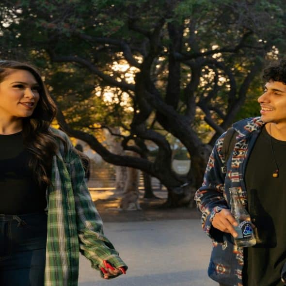 couple walking together during thoughtful conversation